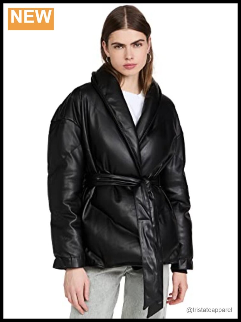 Women's Vegan Leather Puffer Jacket with Belt Closure